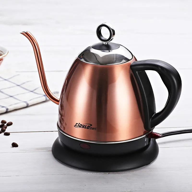 Automatic stainless steel kettle with touch controls in gold colour showing 1.0 litre capacity markings
