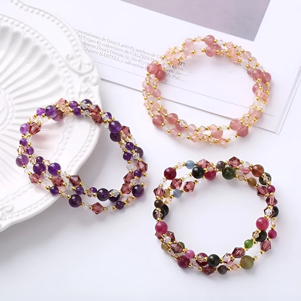 Women's colourful three-ring crystal bracelet with adjustable cord in tourmaline, quartz, or amethyst