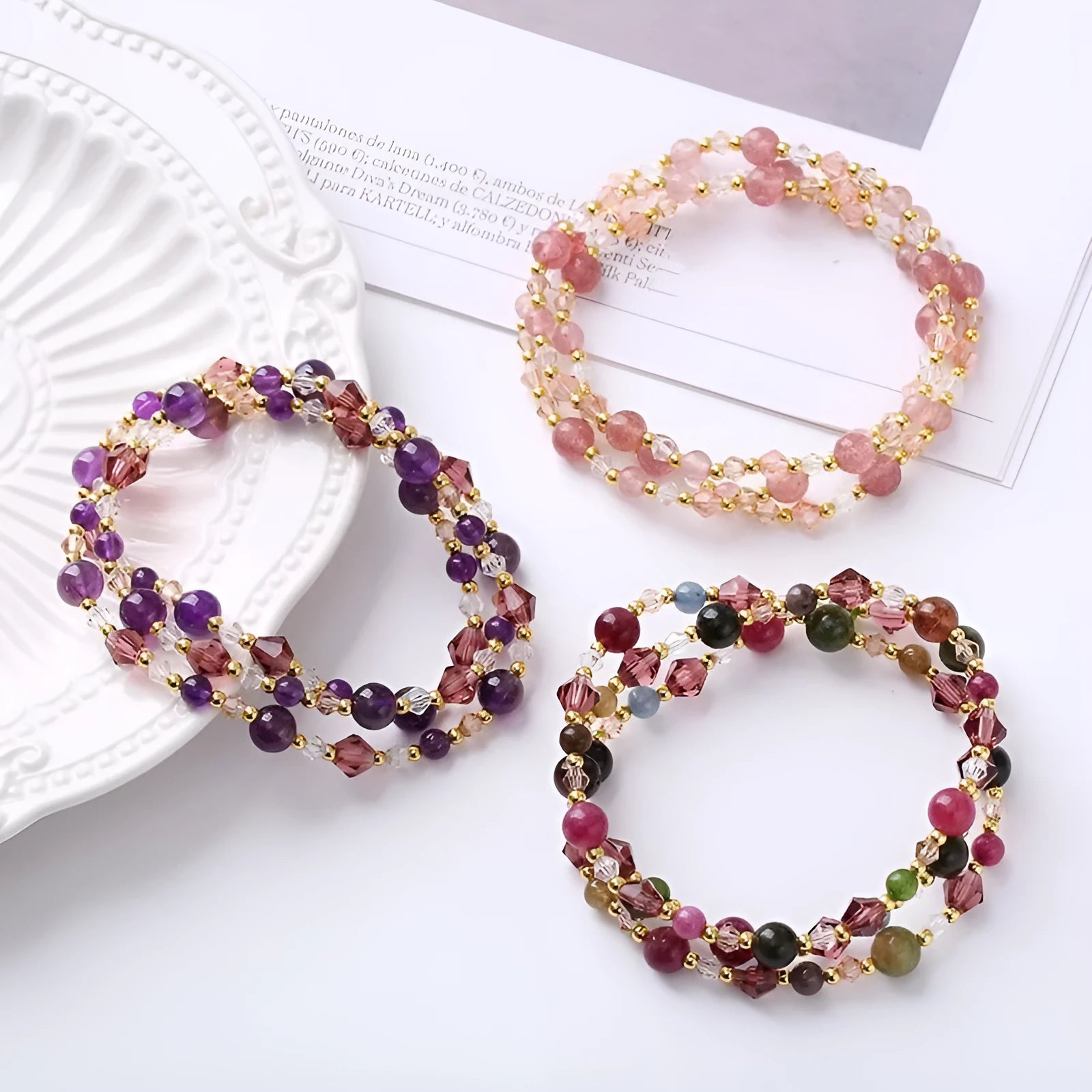 Women's colourful three-ring crystal bracelet with adjustable cord in tourmaline, quartz, or amethyst
