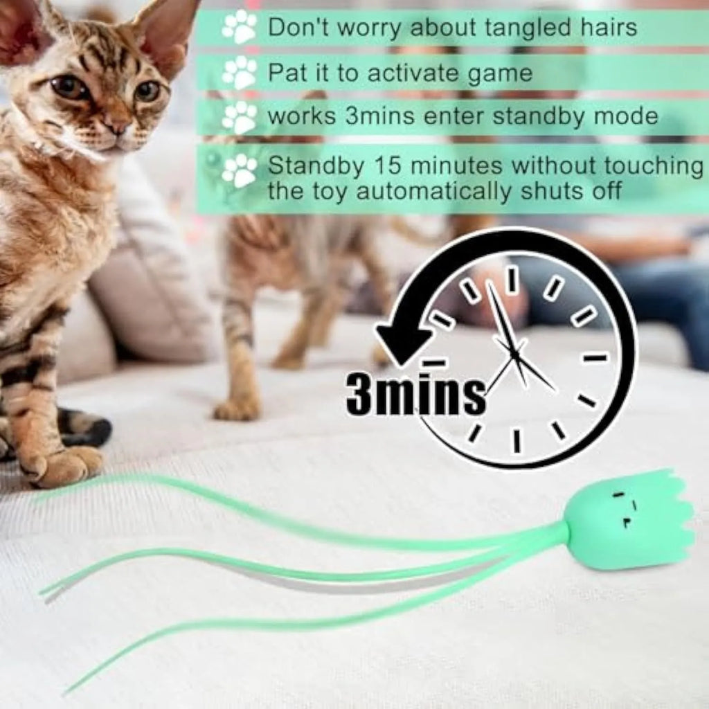 Automatic electronic cat wand toy with green silicone swinging tail for indoor feline play