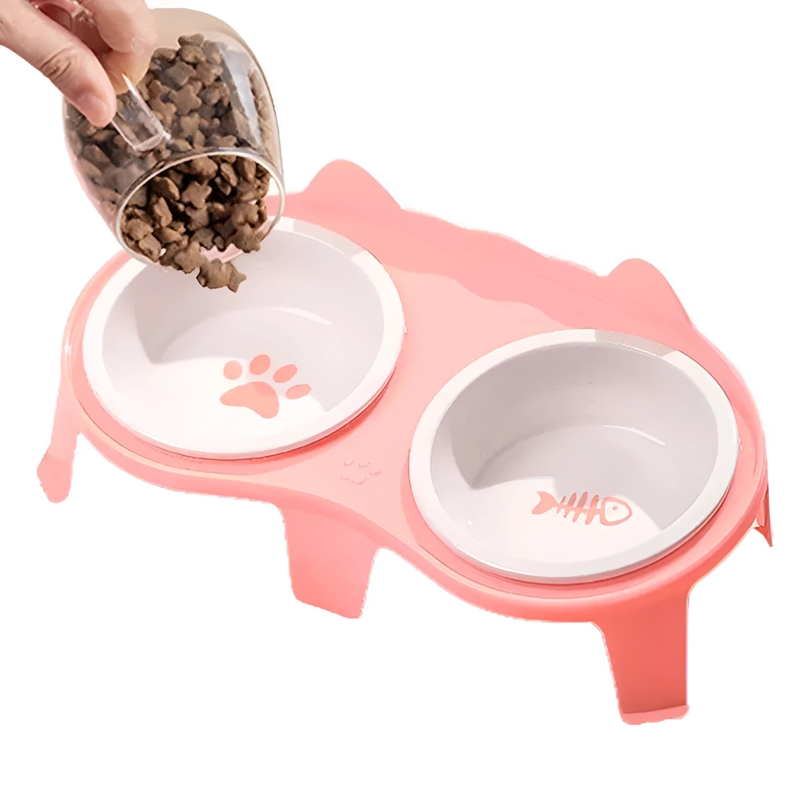 Blue elevated ceramic pet bowl set with two bowls and a stand with hook