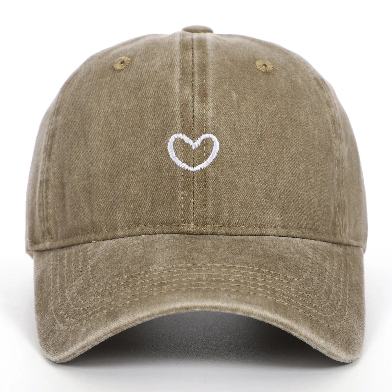 Retro style baseball cap with small love embroidery on cotton fabric in an adjustable dome crown design.