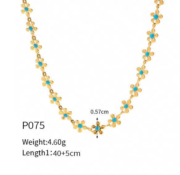 European and American style flower blue drip oil necklace and bracelet set on titanium steel chain