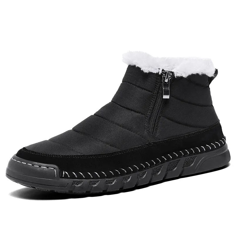 Men's plus size snow boot in black with round toe, flat heel, and non-slip rubber sole.