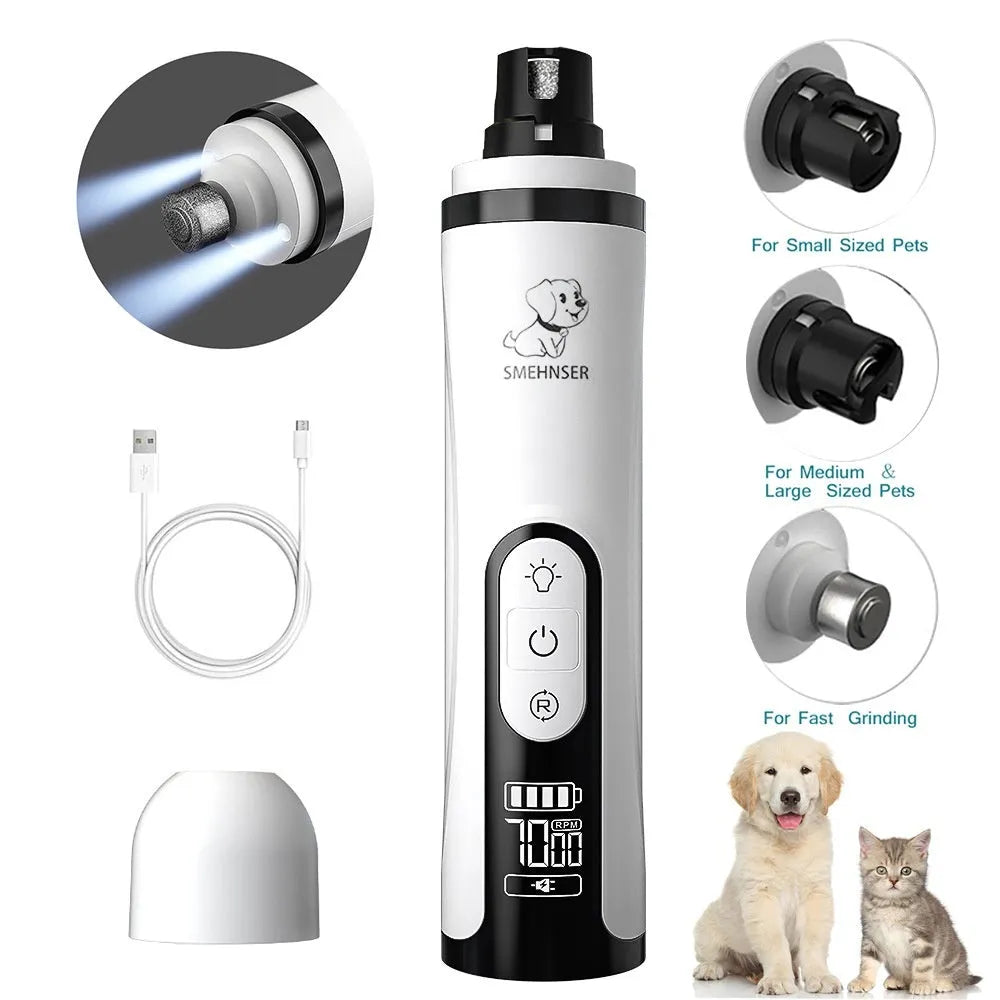 Electric dog nail trimming device with LED display showing speed settings and dust collection compartment