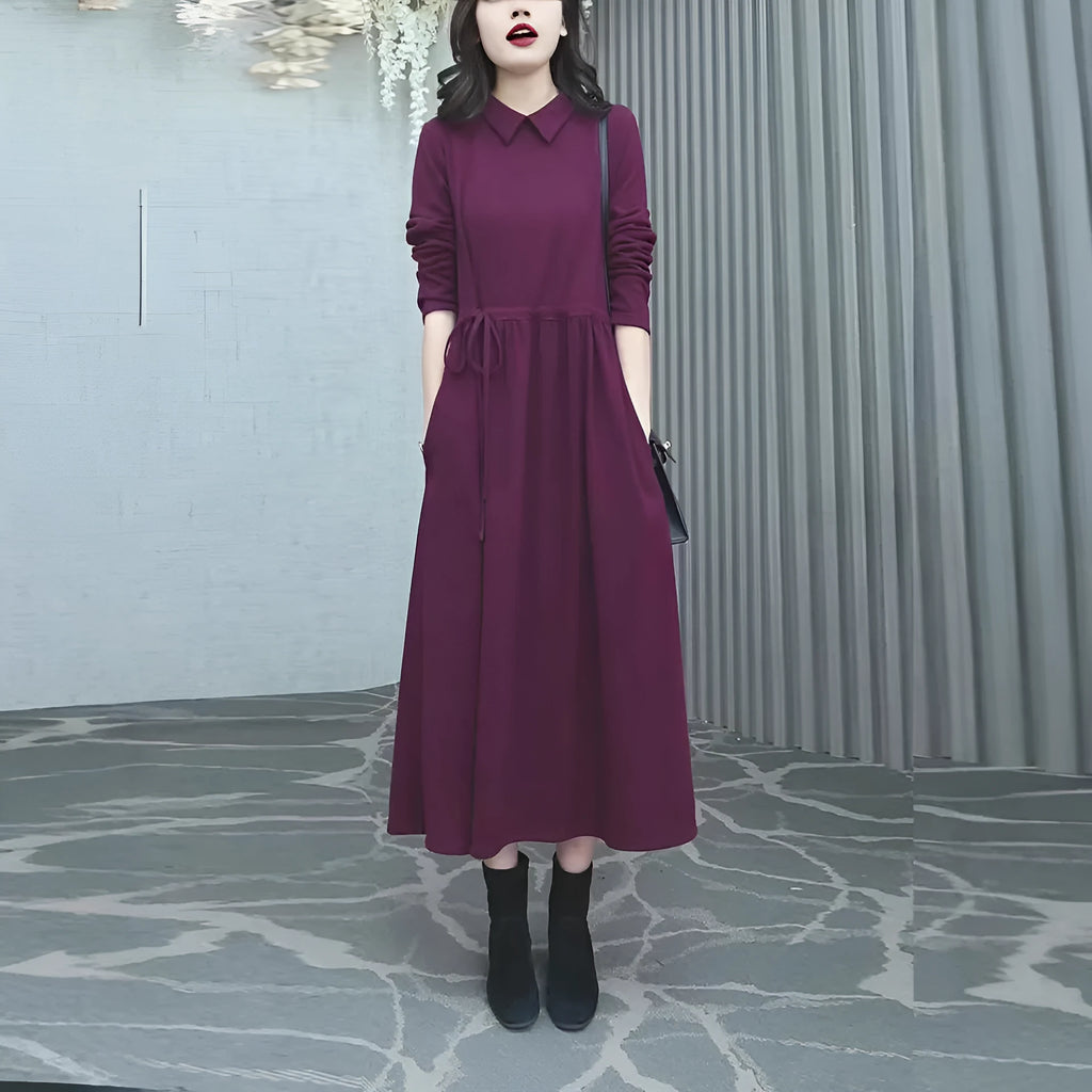 Purplish red plus size women's dress with extra long sleeves and long skirt for autumn winter wear