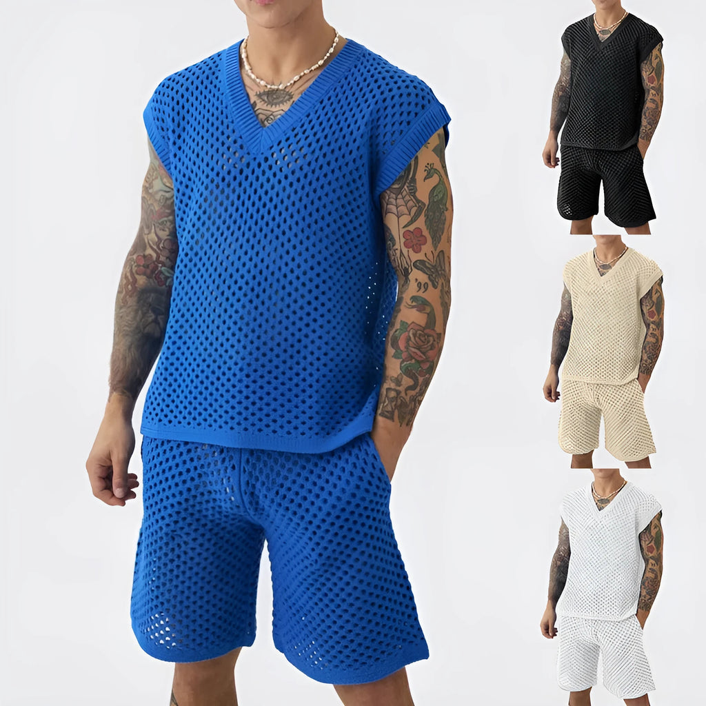 Men's blue knitted V-neck vest and matching shorts laid flat as a summer sports suit.