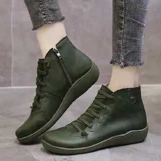 Women's casual round-toe ankle boots with a wedge heel in artificial PU, shown in multiple colour options.