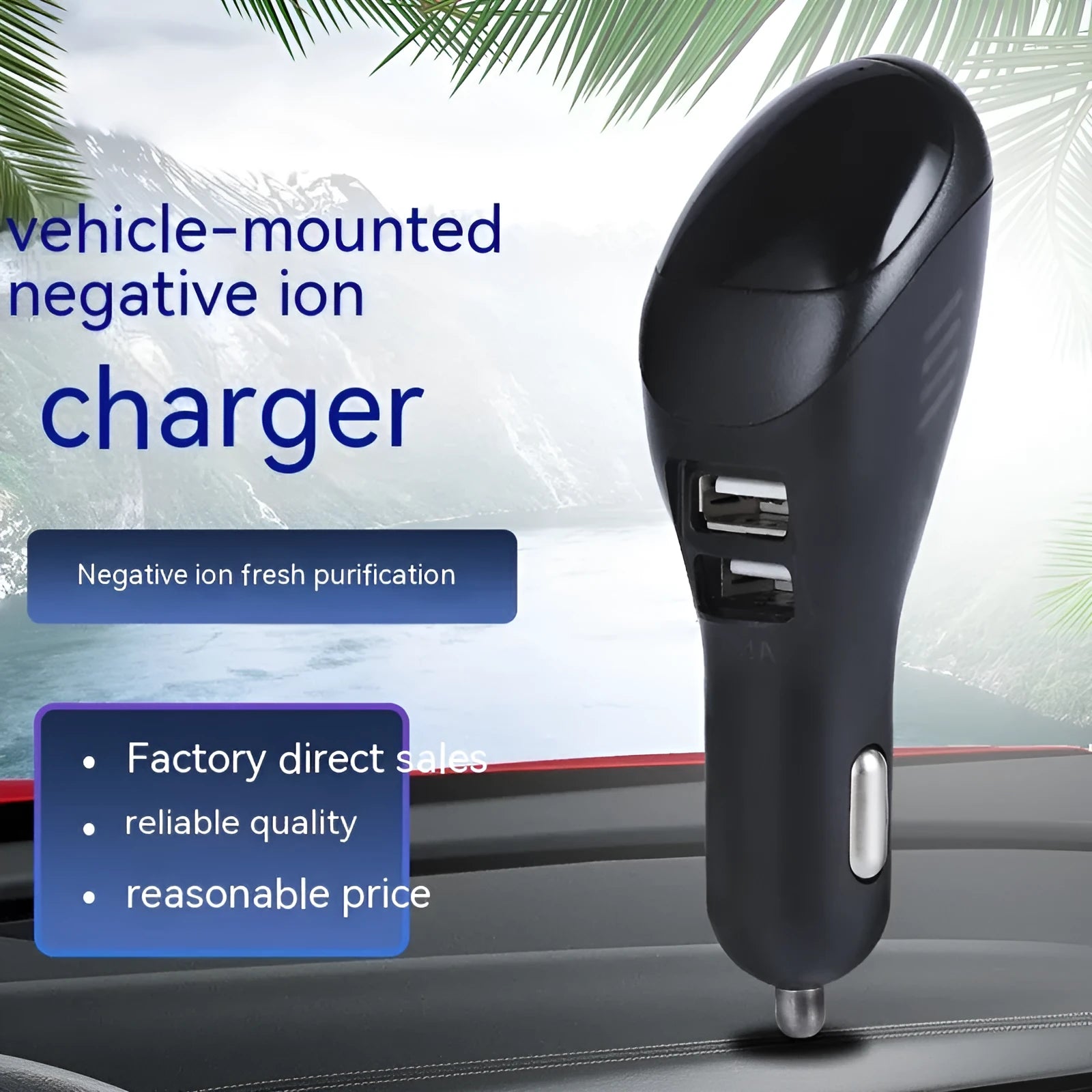 White car USB charger with integrated negative ion air purifier measuring 103mm