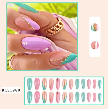Wear Armour frosted finish nail stickers in medium almond shape showing four designs: French leaves, colourful plating, macarons, and leopard print.