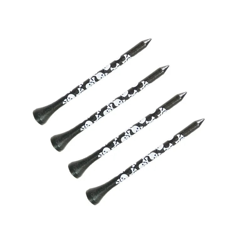 Pack of ten black bamboo golf spike dowel pins with skull print, showing 70mm and 83mm length options