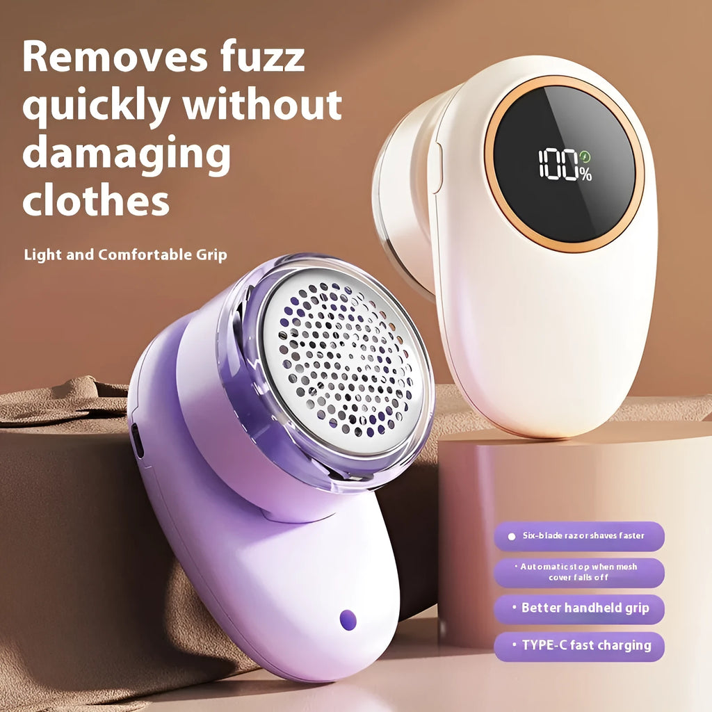 Purple and beige digital fur ball trimmer lint remover with adjustable cutter heads and a USB cable.