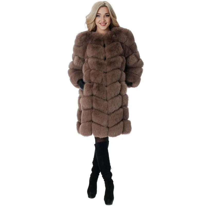Women's thick artificial fur coat in apricot colour with regular sleeves