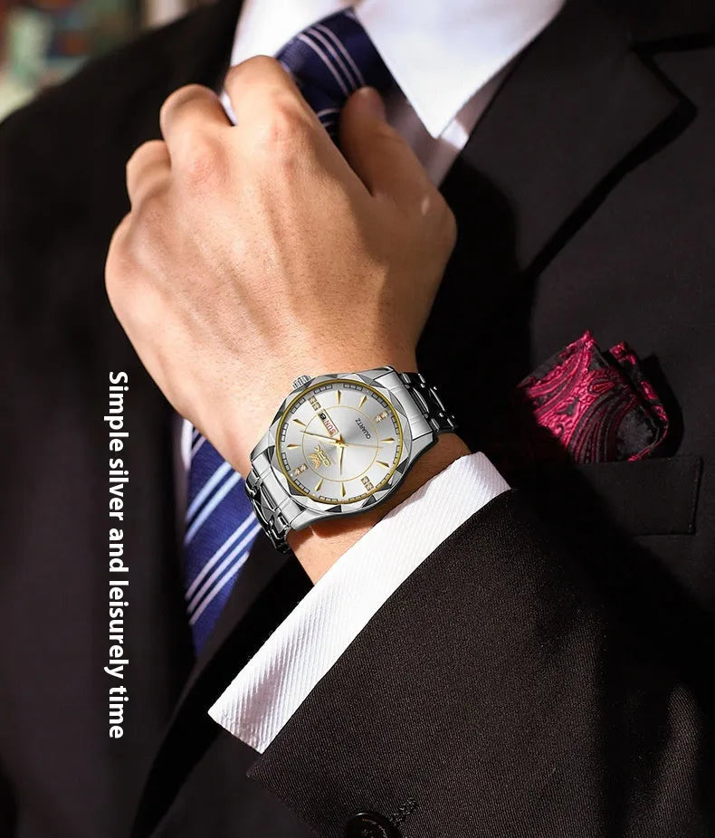 OPK8151 men's quartz watch with round dial, stainless steel strap, and double calendar display