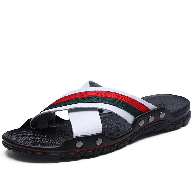 Men's cowhide and PU beach sandals in white, blue, and black colours on a size chart background.