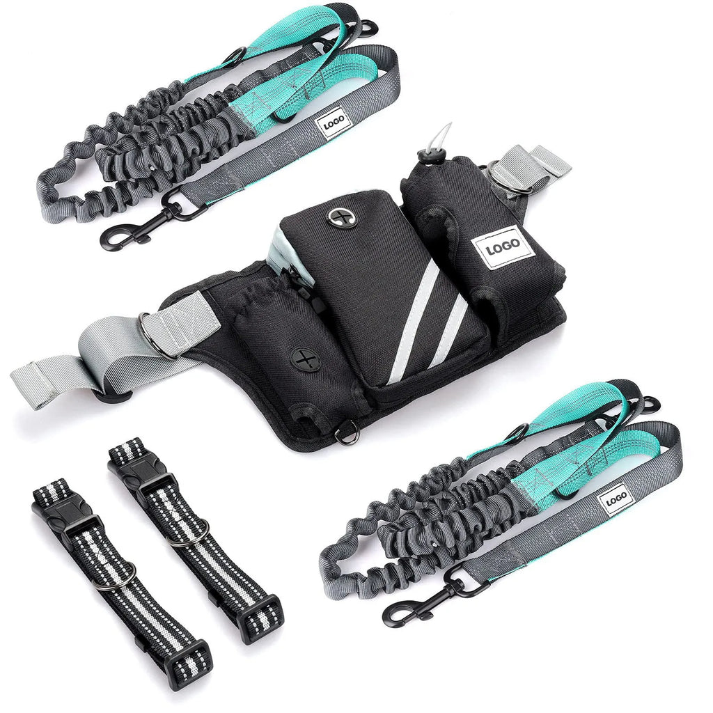 Black nylon outdoor dog walking set showing a waist bag and a hand-holding leash with collar attachment.