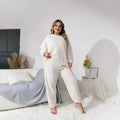 Creamy white women's plush two-piece trouser suit with long sleeves in a casual Japanese Korean style