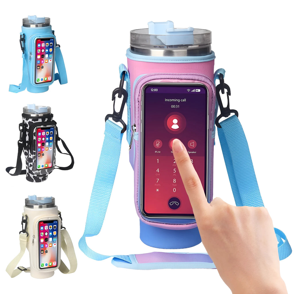 40oz neoprene water bottle pouch with transparent touch screen window and metal buckle