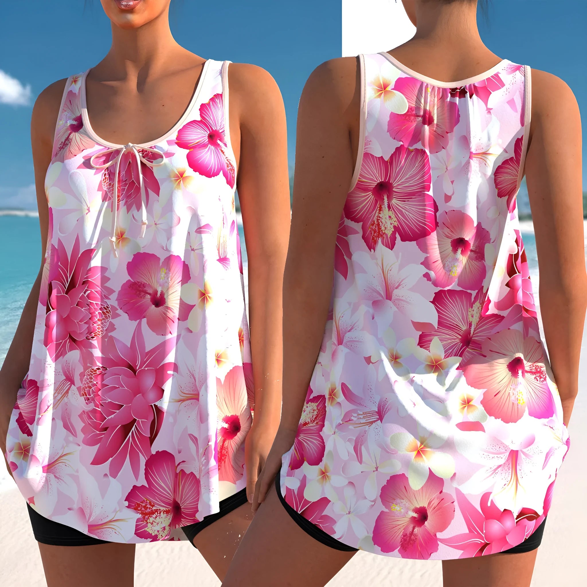 Pink printed tankini swimsuit with high-waist briefs for plus-size women