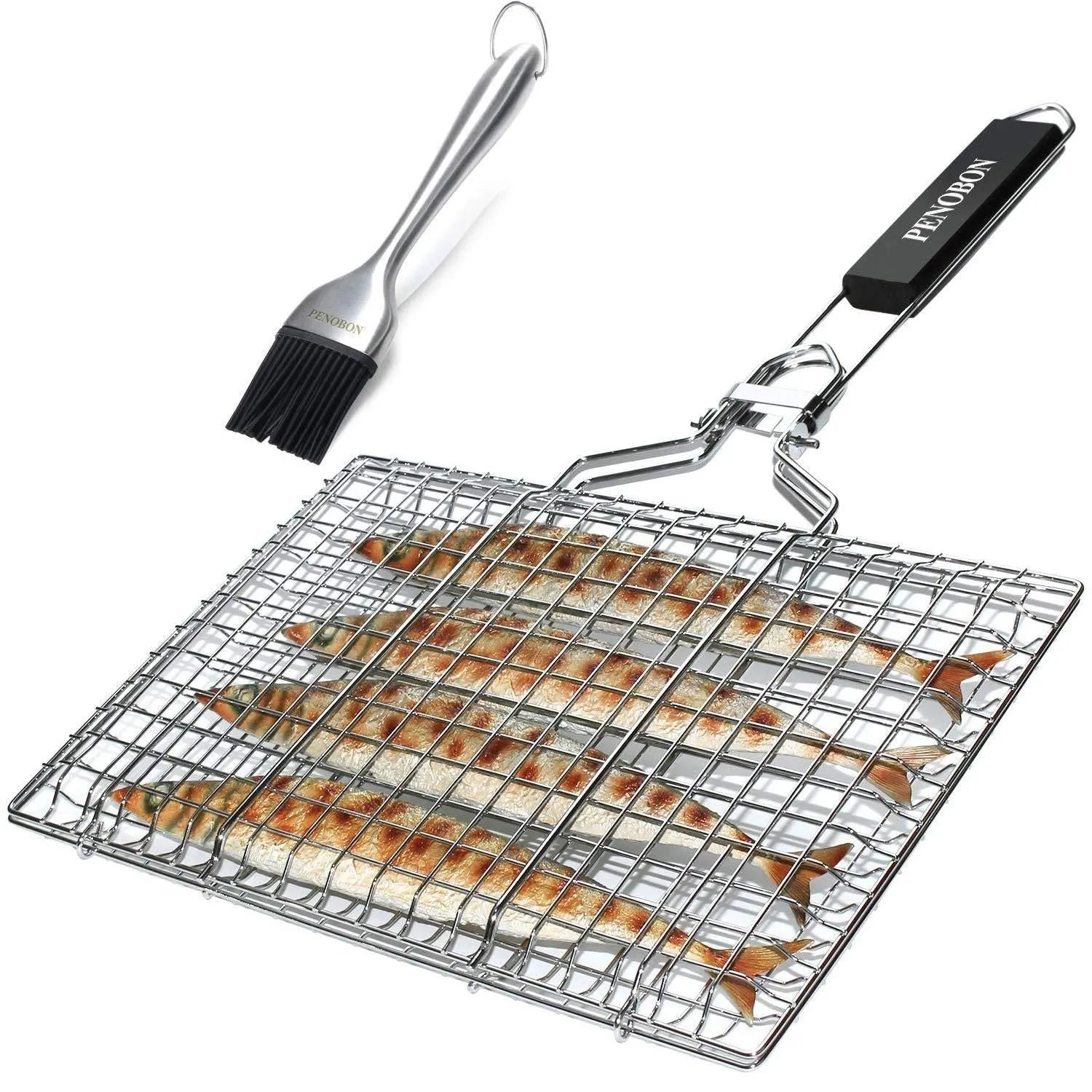 Square folding stainless steel wire barbecue grill mesh basket with a cleaning brush.