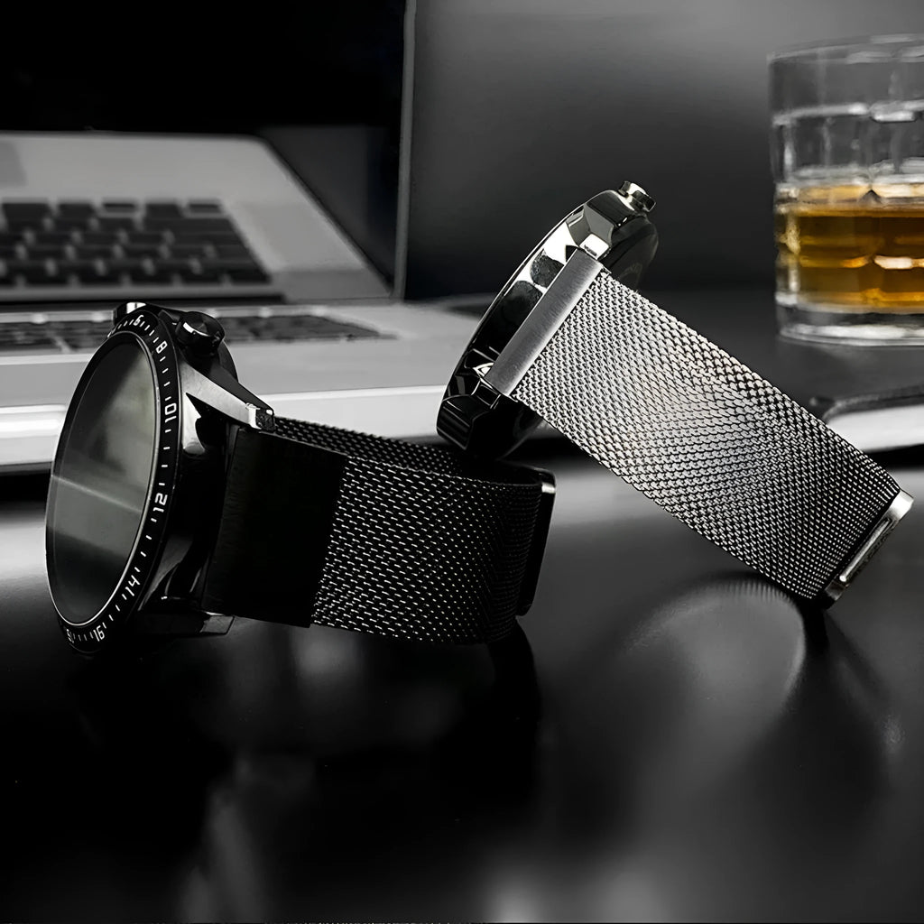 Stainless steel replacement watch strap for Garmin Fenix smartwatch in silver, black, gold, and rose gold colour options.