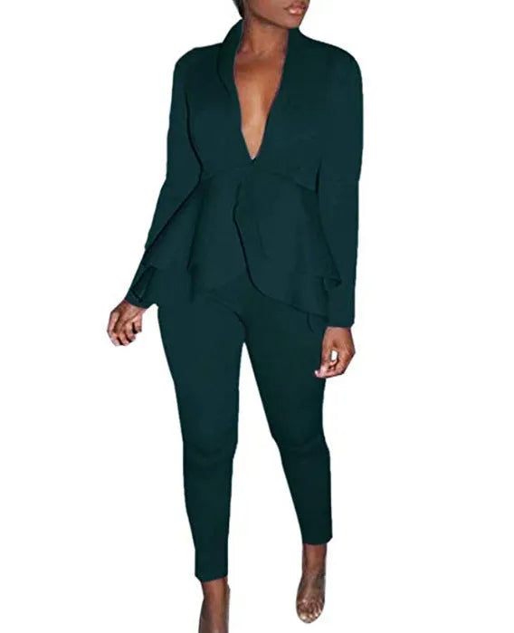 Ruffled air layer business shirt and pencil pants uniform set in multiple colour options