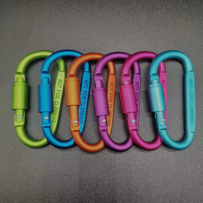 A D-type aluminium locking carabiner with an 8cm flat profile on a neutral background.