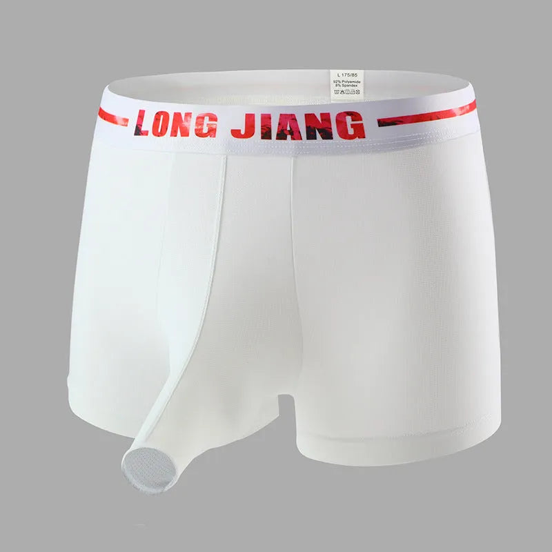 Men's ice silk trunk open boxer shorts in multiple solid colours showing mid waist fit.