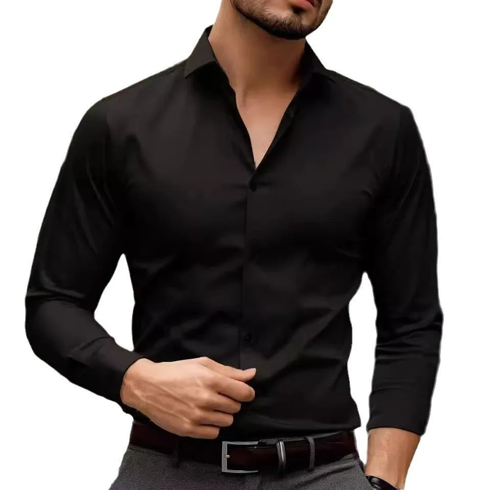 Men's casual lapel shirt in solid colour, long sleeves, polyester fabric, regular fit