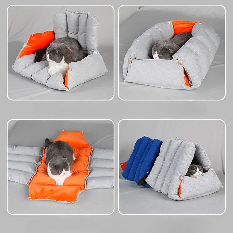 Blue triangular cotton cat bed with a removable cover, showing drilled holes on the side for combination.