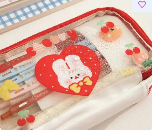 Transparent TPU pen bag with heart and rabbit pattern in red or pink colour options