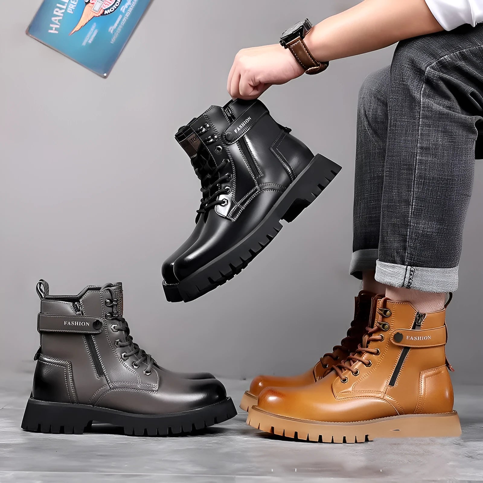 Men's leather Martin boots with thick rubber soles and side zipper closure