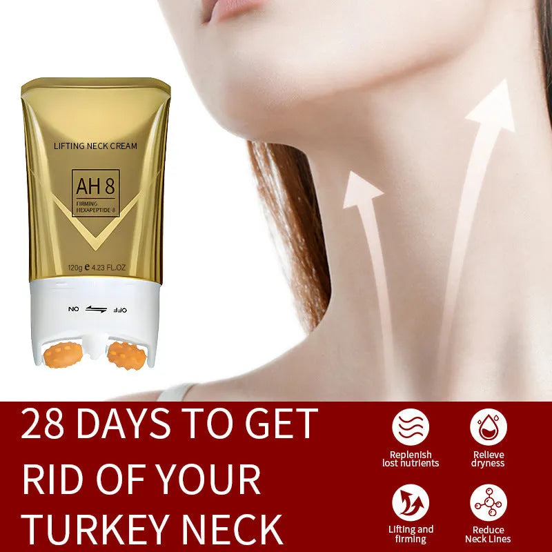 Jar of roller neck cream with built-in massage applicator, 120g net content.