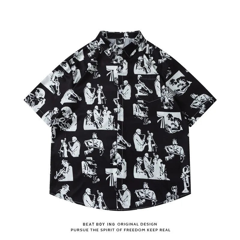 Loose fit short sleeve shirt with an all-over floral print, styled like a cardigan.