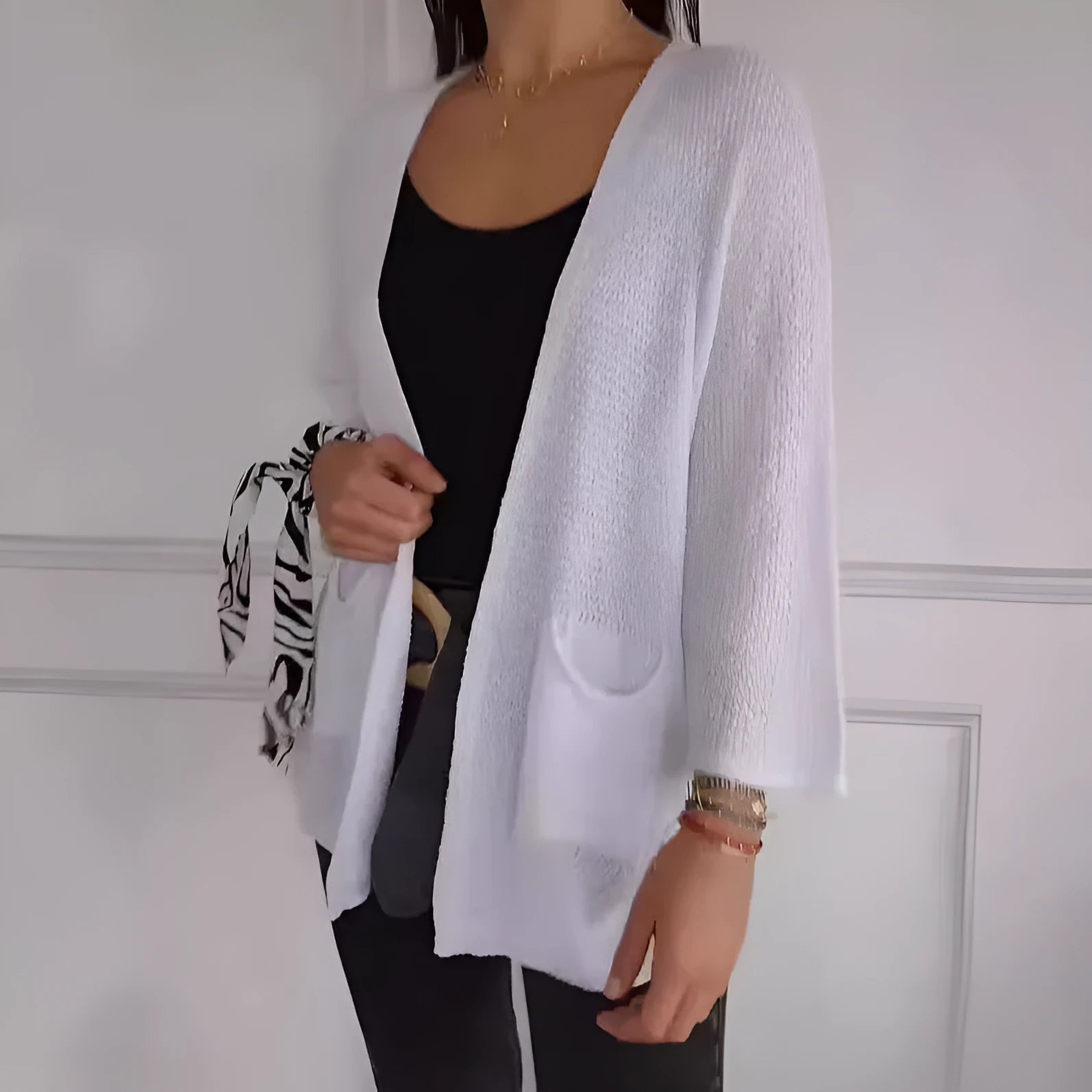 Women's thin waffle weave cardigan coat in army green with nine-quarter sleeves and pockets.