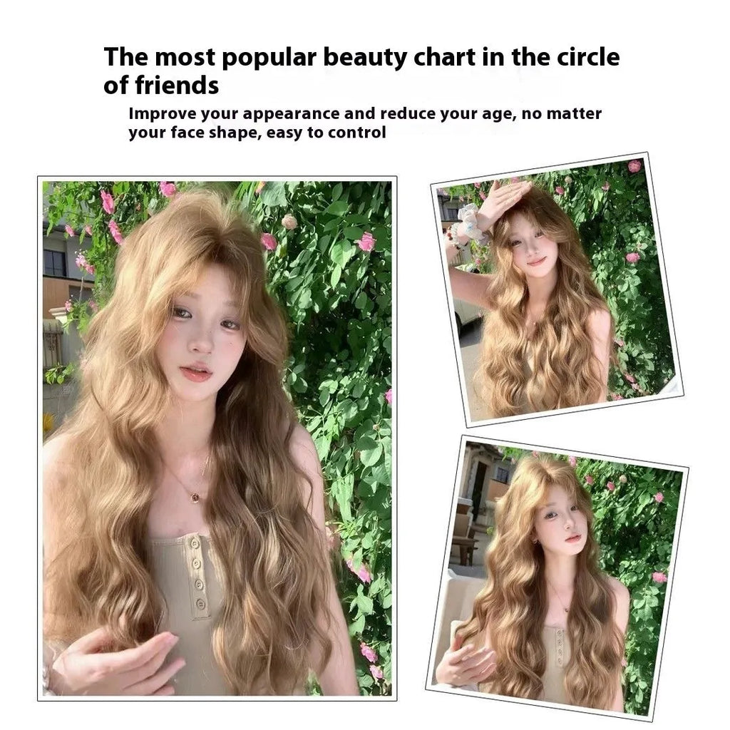 Brown synthetic curly wig of medium length with an attached hair net.