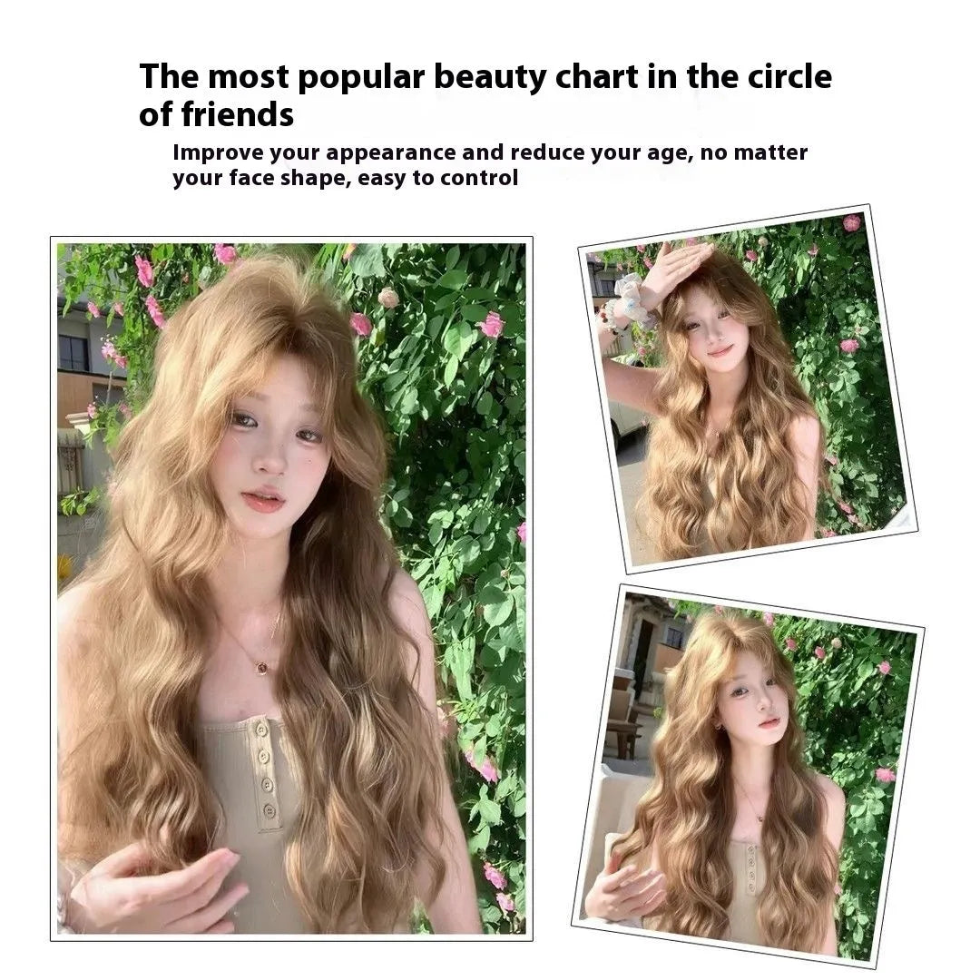Brown synthetic curly wig of medium length with an attached hair net.
