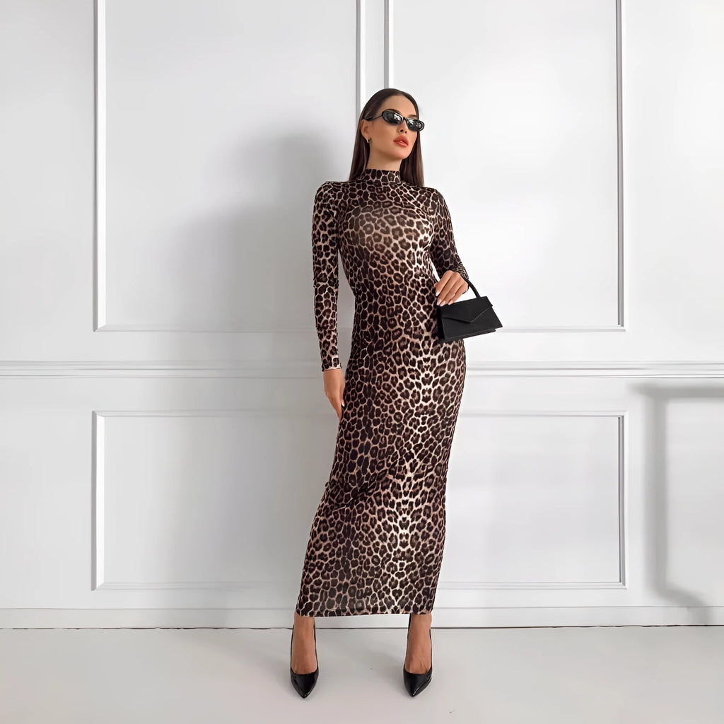 Leopard print long dress with stand collar, long sleeves, and high-waisted hip skirt design