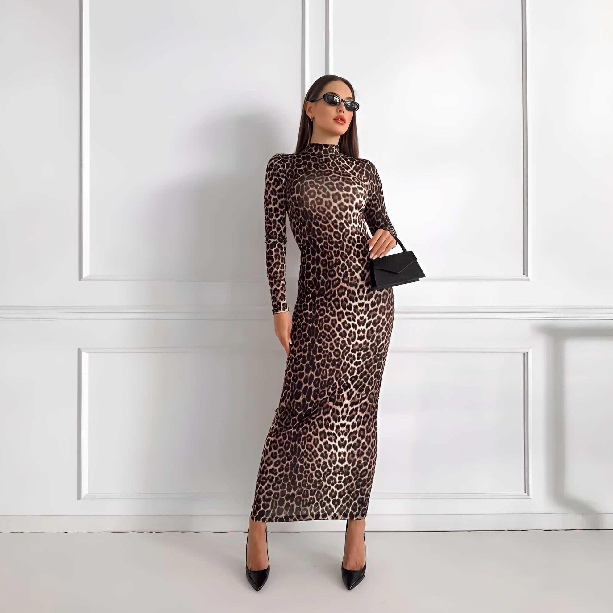 Leopard print long dress with stand collar, long sleeves, and high-waisted hip skirt design