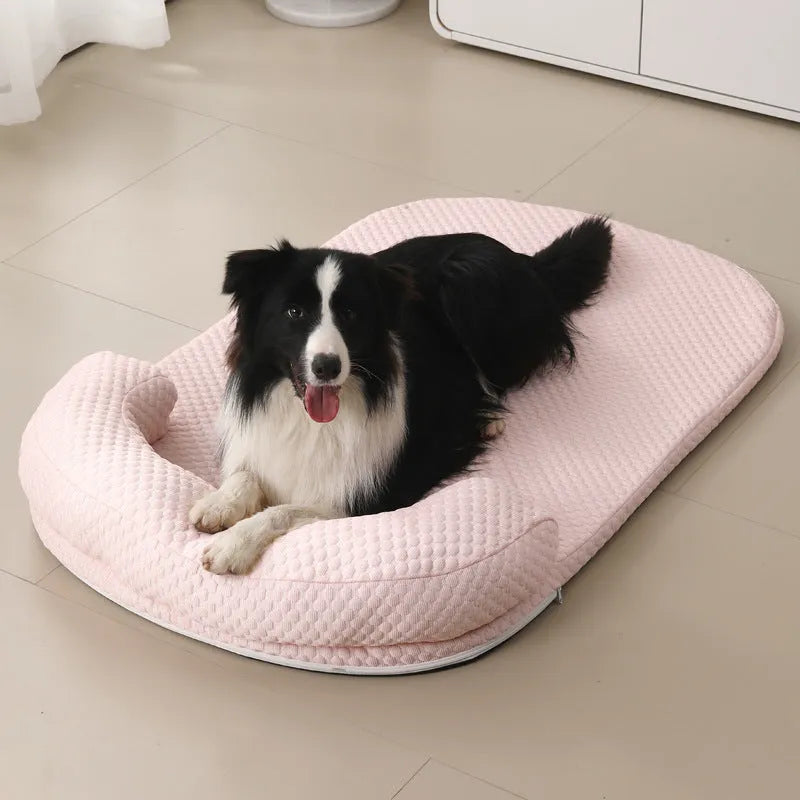 Summer pet cooling mat in blue with breathable ice peas fabric for dogs, shown on a flat surface.