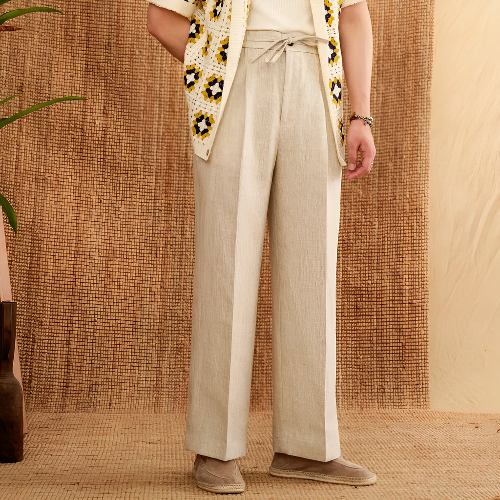 Linen high waist trousers with elasticated waistband in straight-leg cut