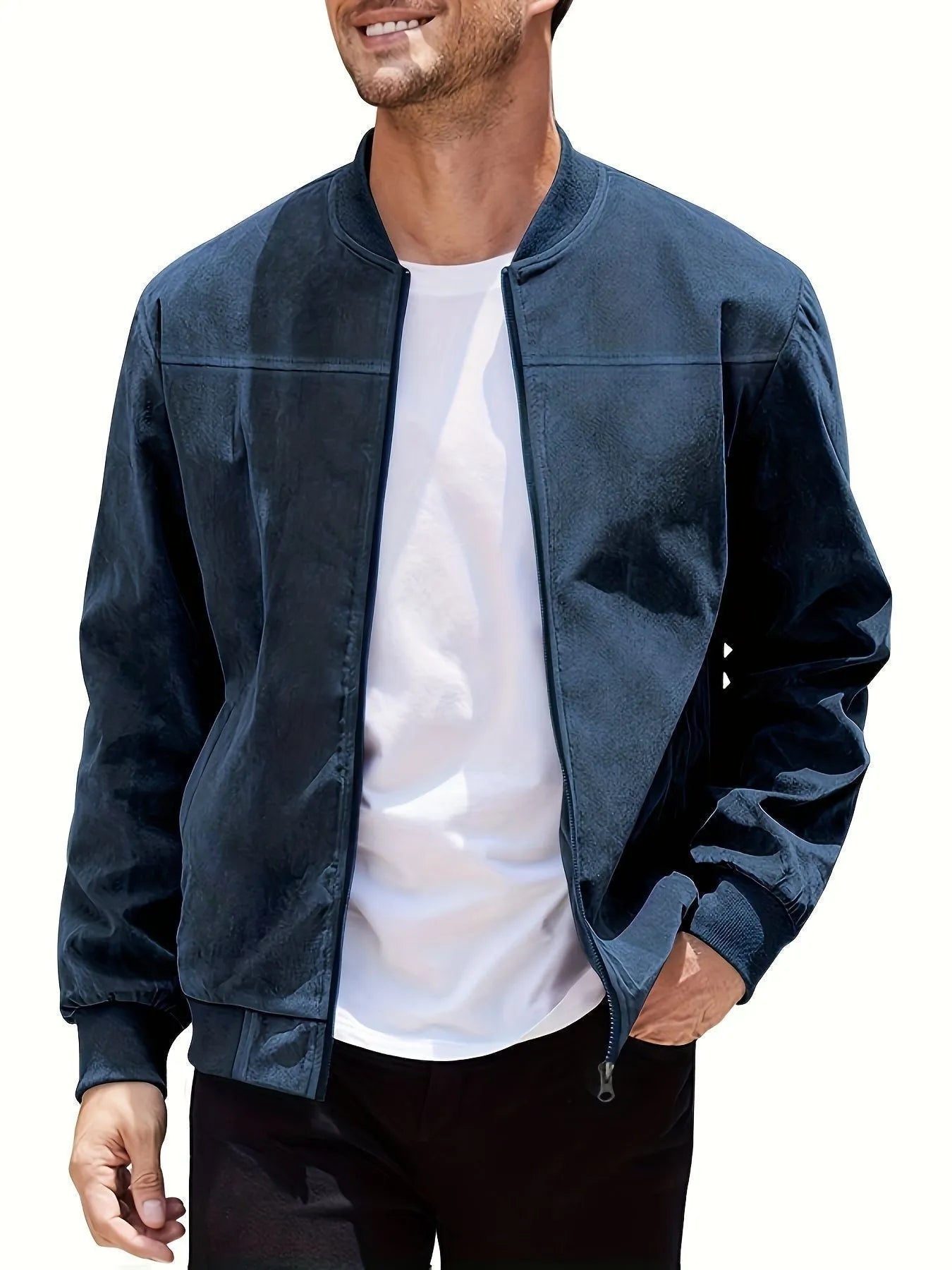 Men's plus size suede zipper jacket in army green with cotton lining, shown in regular fit.