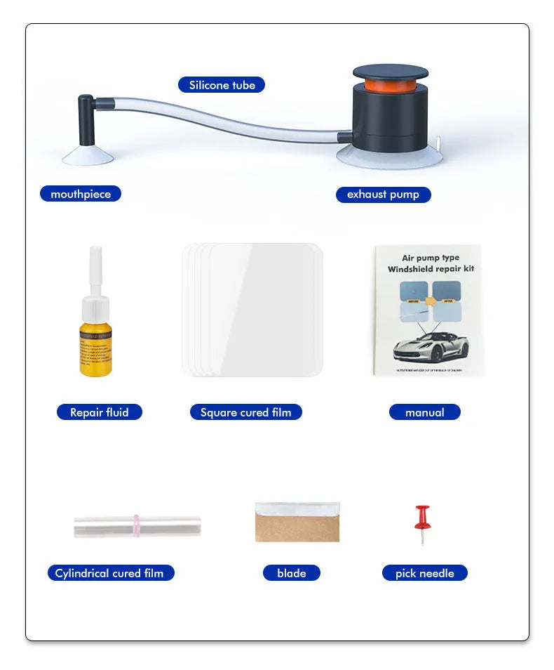 Plastic windshield crack repair tool for DIY car glass fixes with glass corrector fluid