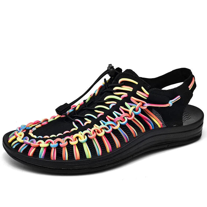 Elastic drawstring tie Roman sandals in multiple colours with a non-slip rubber sole.