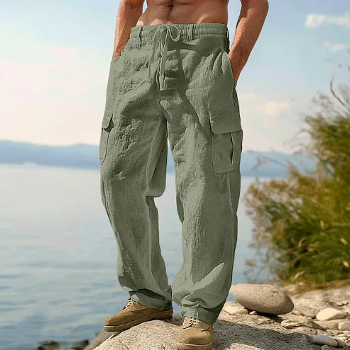 Men's cotton wide-leg casual trousers in light army green colour showing relaxed fit and mid-waist design