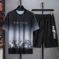 Men's light grey summer suit set with short sleeve T-shirt top and matching shorts on hanger