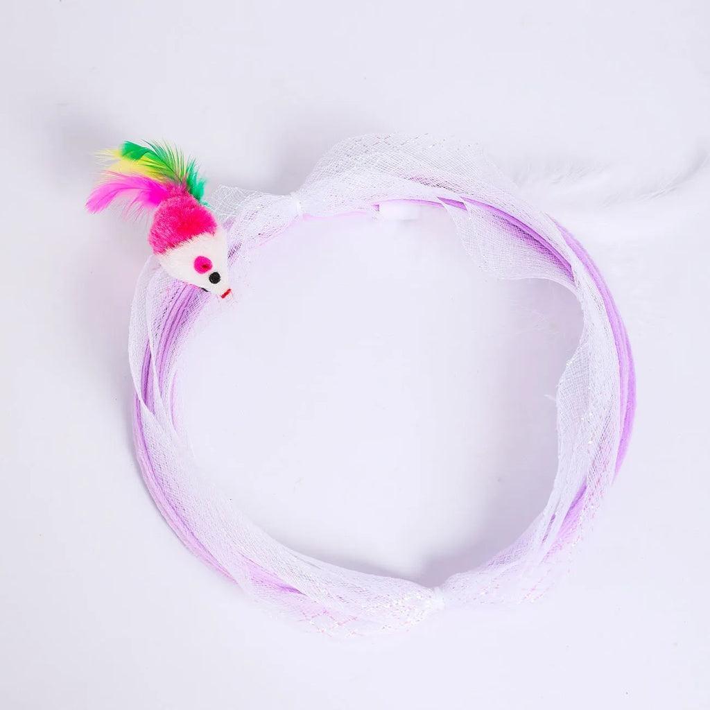 S-type cat tunnel toy with steel frame, mesh sides and dangling feather for feline play