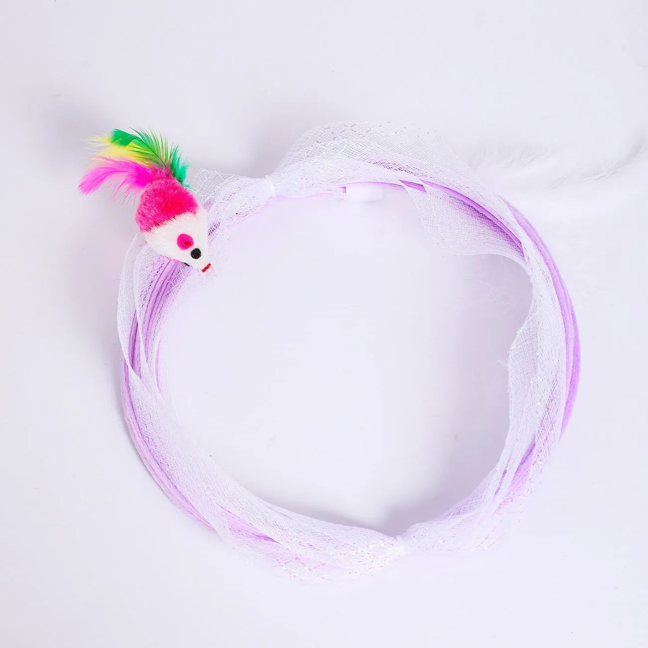 S-type cat tunnel toy with steel frame, mesh sides and dangling feather for feline play