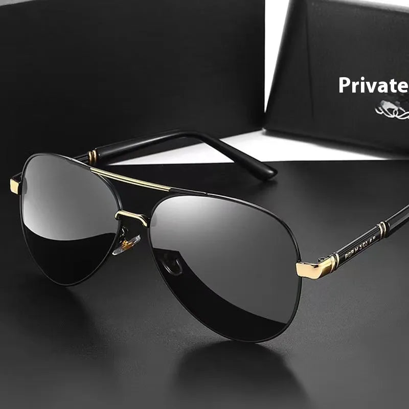 Men's polarised sunglasses with photosensitive colour changing lenses black frame and grey lenses