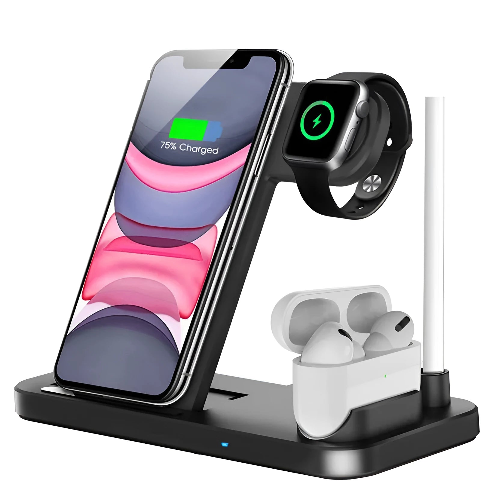 Folding 15W wireless charger in vertical stand position charging iPhone with magnetic case